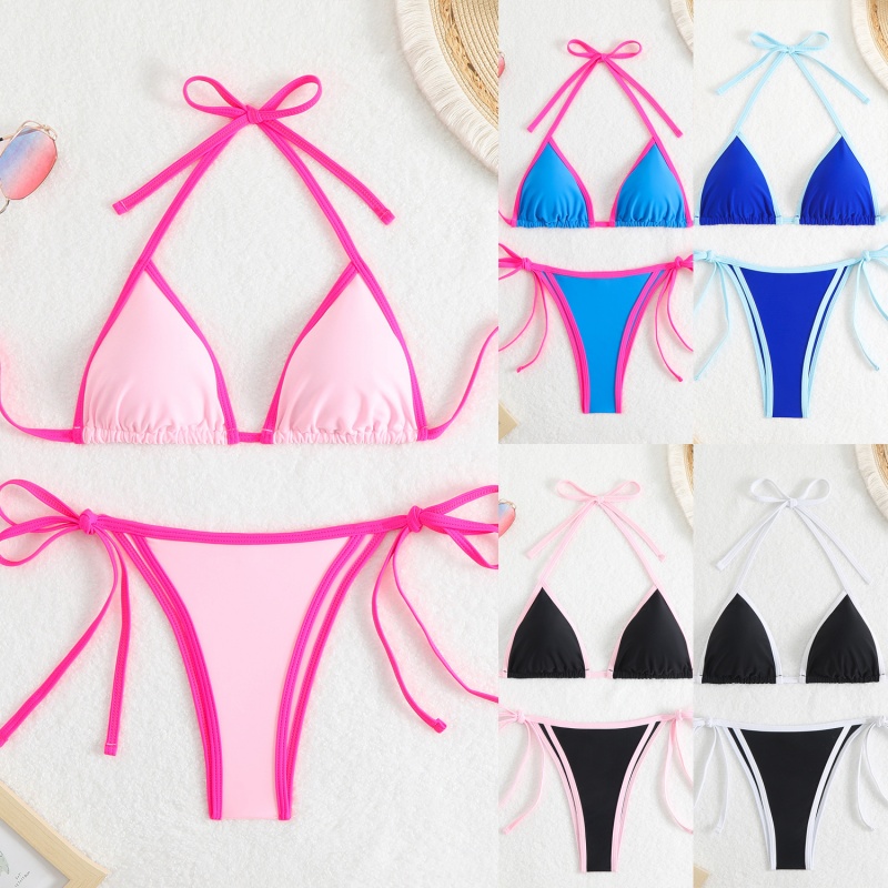 2025 Novo sólido - colorir mulheres\\é sexy dois - Peça cor do triângulo - Bloqueie o biquíni. Estilo europeu e americano com laços, adequados para praia e primavera quente qt25003 Preço:$79.99