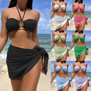 Minades de biquíni sexy três-peça definida com uma saia pura, halter-Estilo de pescoço, maiô de cores sólidas para mulheres, disponível em estoque e várias cores Sy816 Preço:$79.99